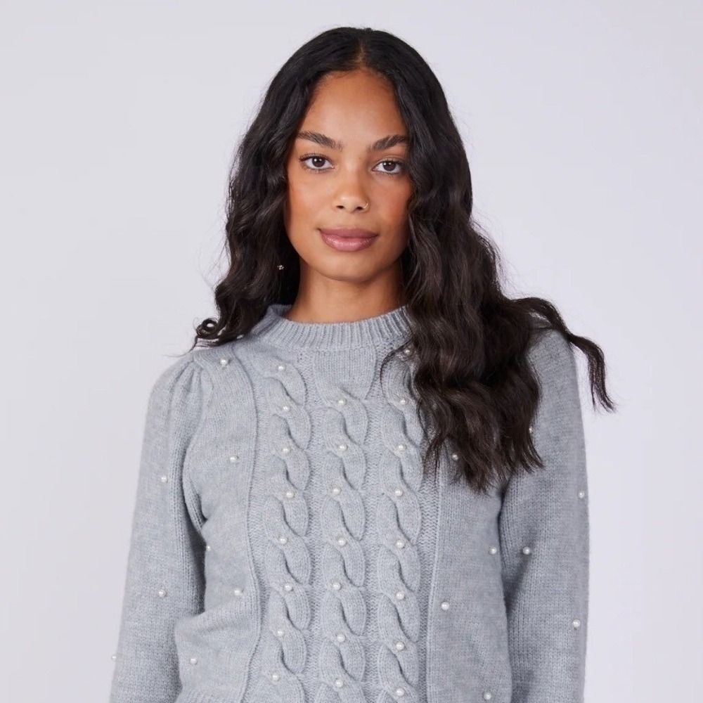 Chunky CableKnit Crewneck Sweater Pearl Puff Sleeve Gray Old Money|Quiet Luxury - Picture 2 of 9